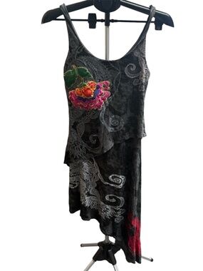 Desigual Black/Gray Asymmetrical Tank Dress with Multicolor Floral Appliqué
